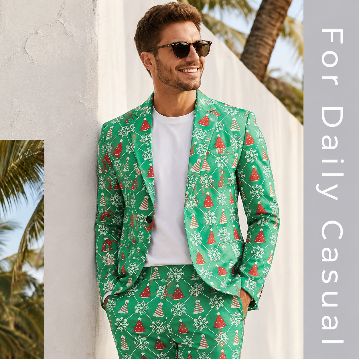 Model wearing a green Christmas snowflake suit with a white t-shirt for a casual daily holiday look