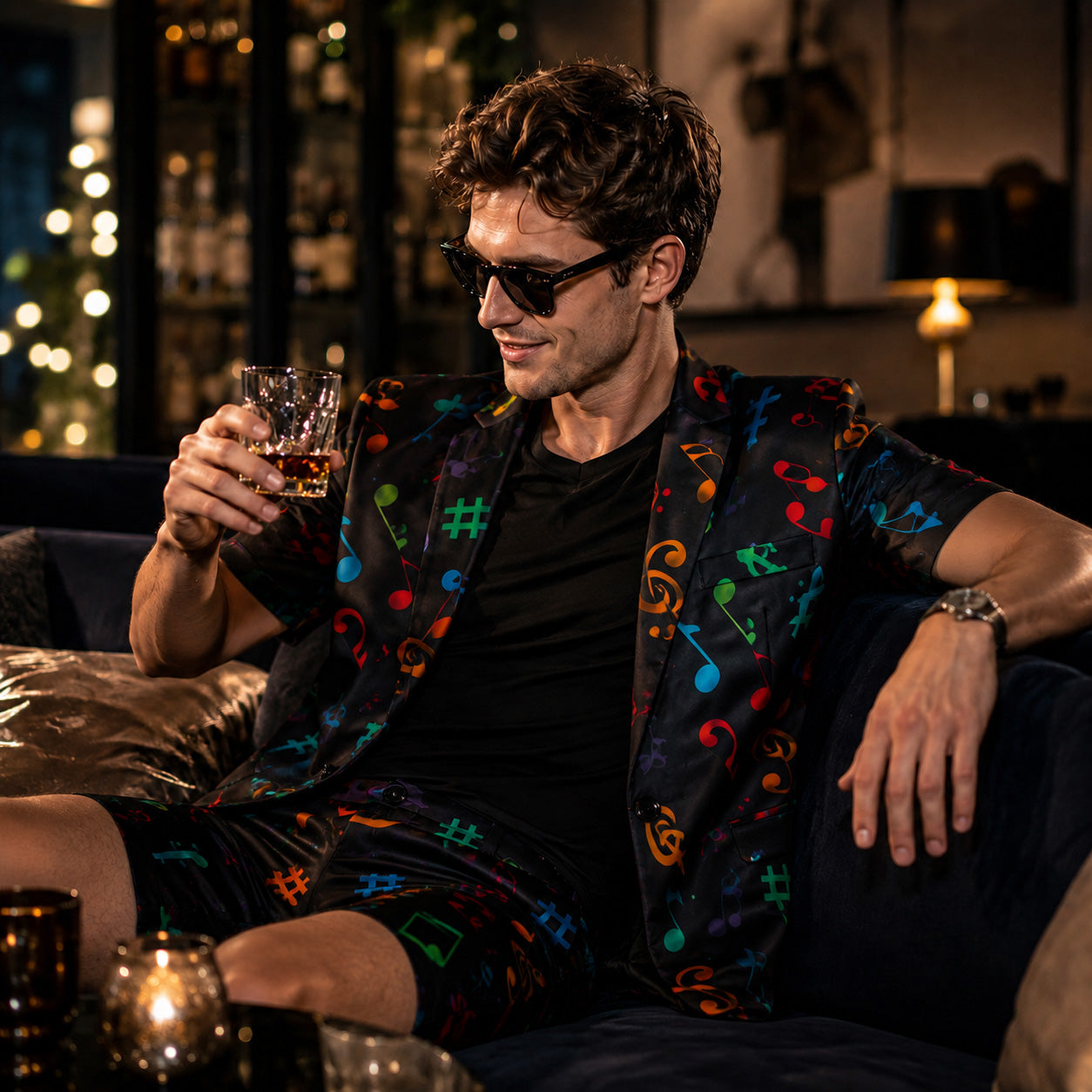 A man in sunglasses wearing a colorful music note printed short sleeve blazer sitting on a sofa and holding a drink glass.
