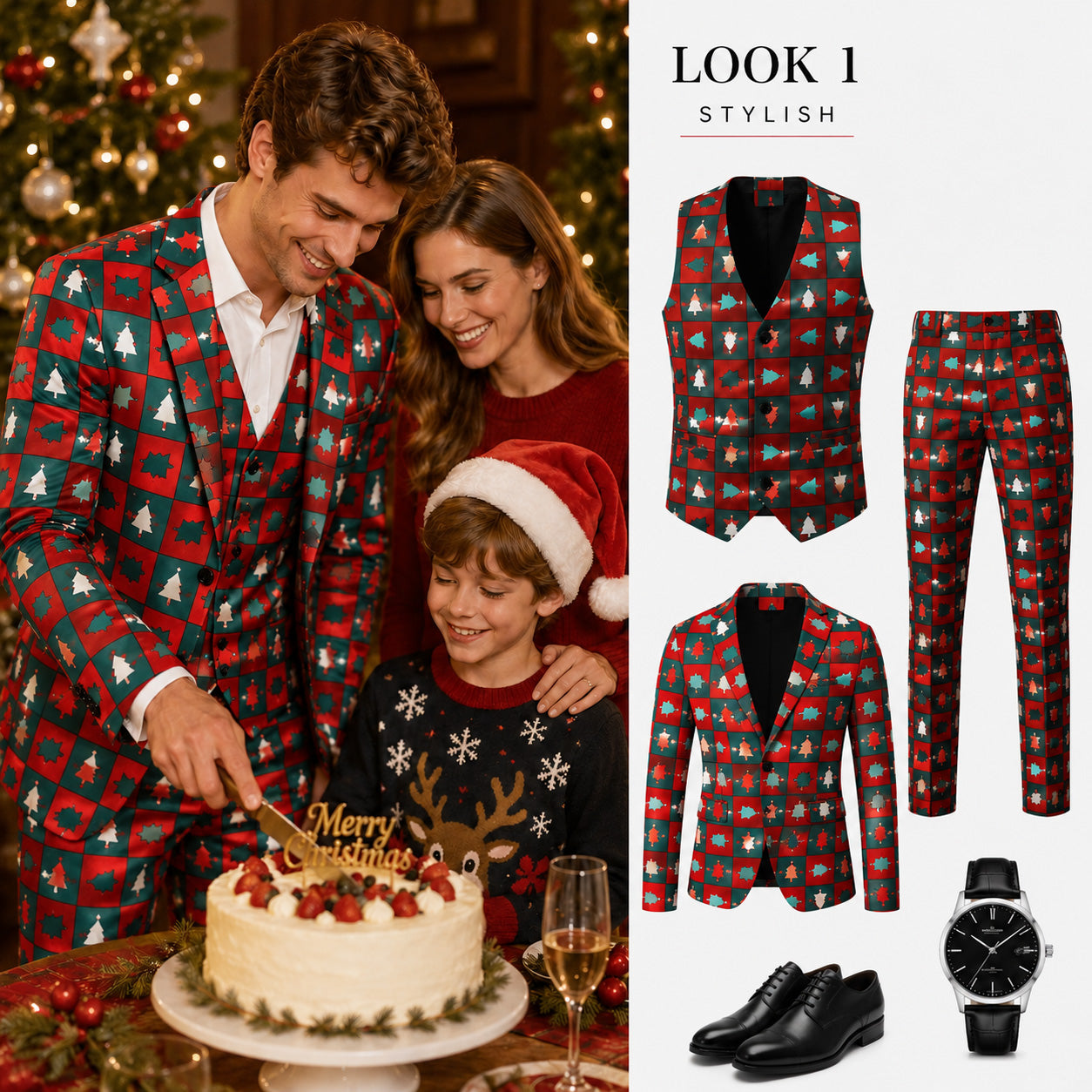 WISHOLIC men's 3-piece Christmas suit with jacket, vest, and trousers flatlay for family holiday party