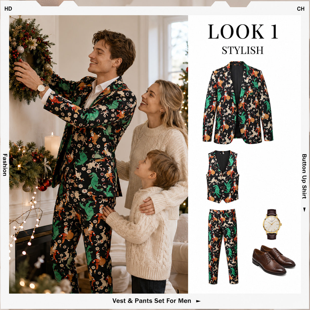 Lookbook styling guide for men's black Christmas printed suit, vest, and pants set