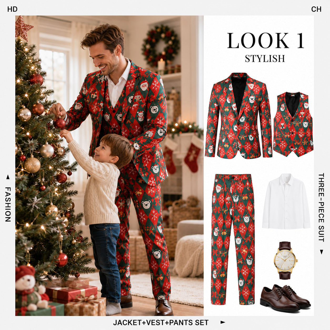 Men's 3-piece Christmas suit set styling guide featuring jacket, vest, and pants - WISHOLIC