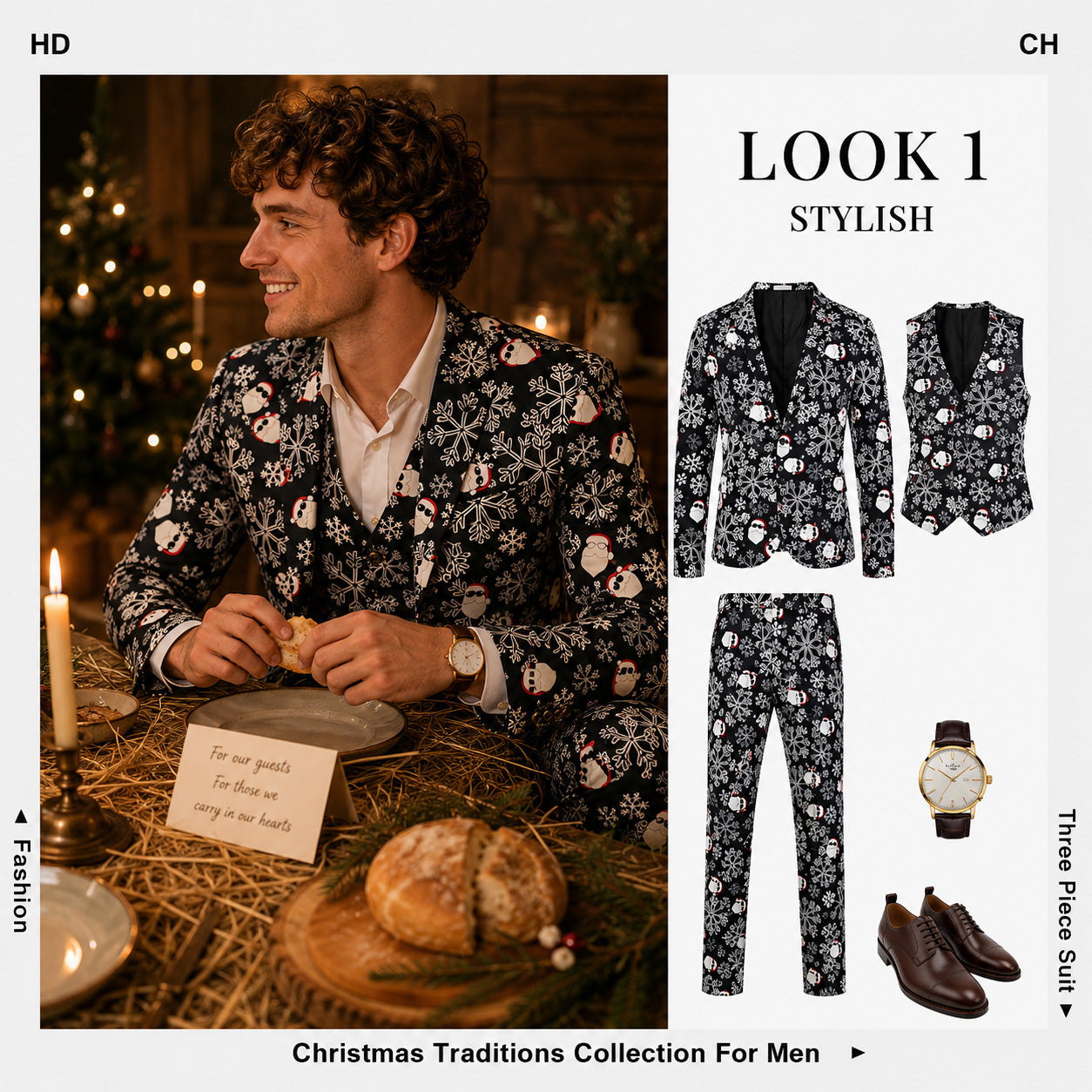 Men's Christmas tradition collection Look 1 featuring printed 3-piece suit outfit | WISHOLIC