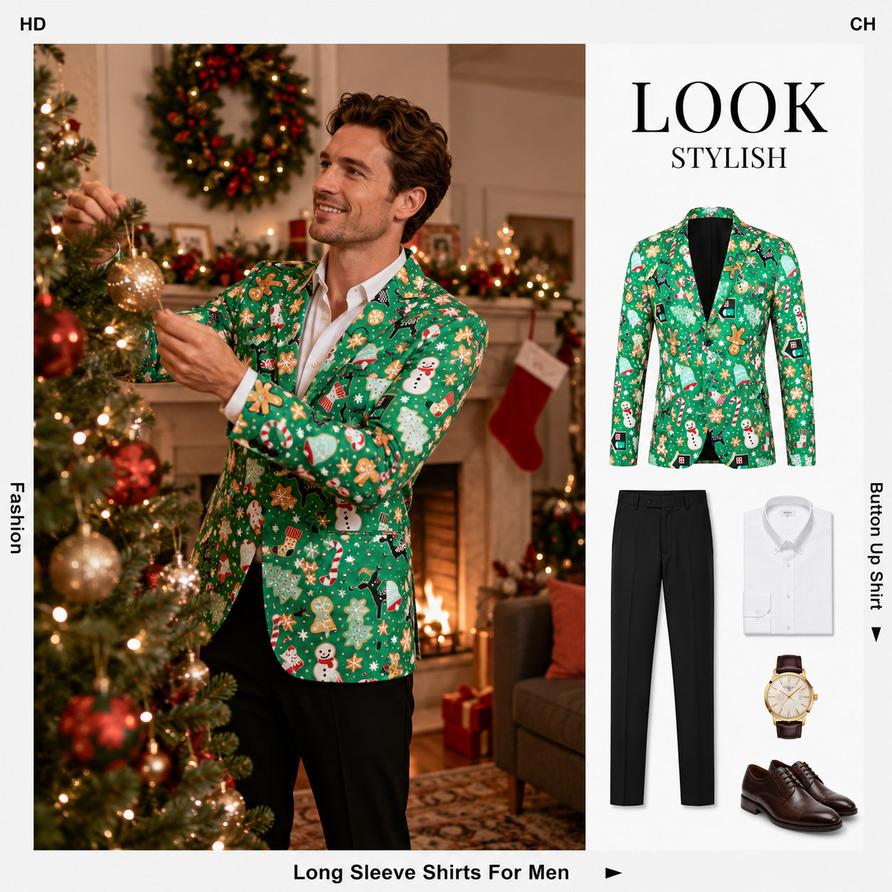 Man decorating a christmas tree wearing a green holiday blazer paired with black trousers and white shirt.