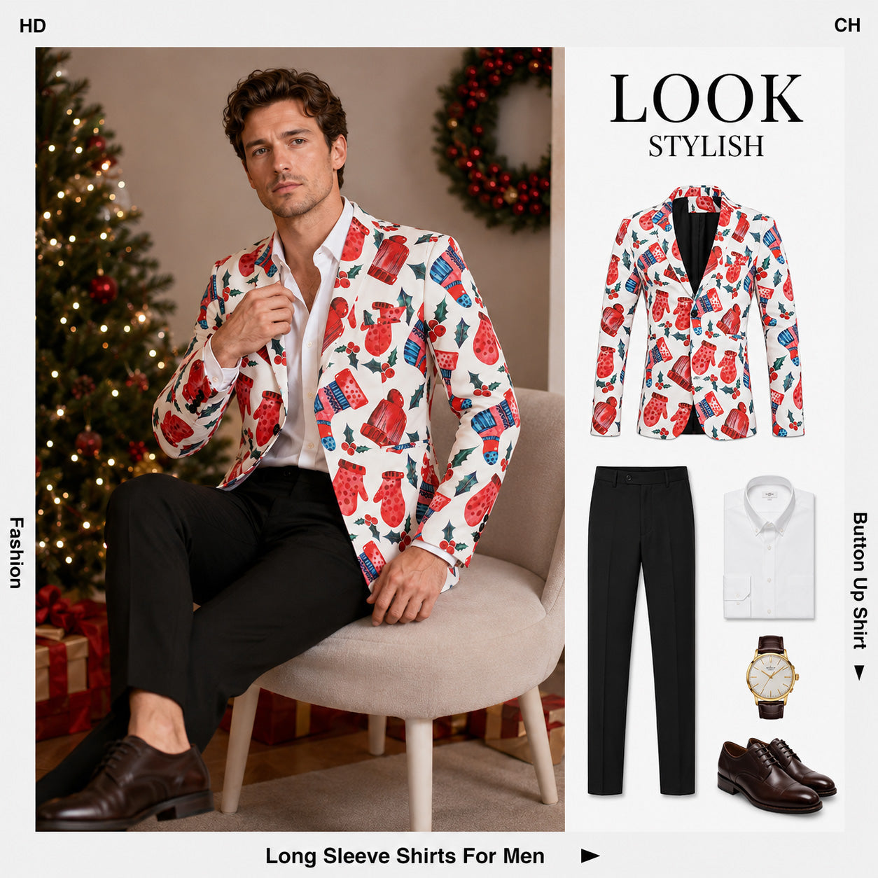 Styling guide showing a white Christmas printed blazer paired with black trousers, white shirt, and dress shoes.