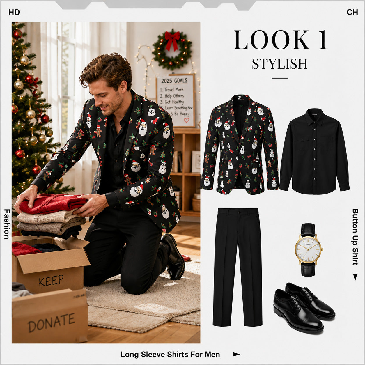 Styling idea featuring a men's Christmas pattern blazer jacket combined with classic black dress pants and a black shirt.
