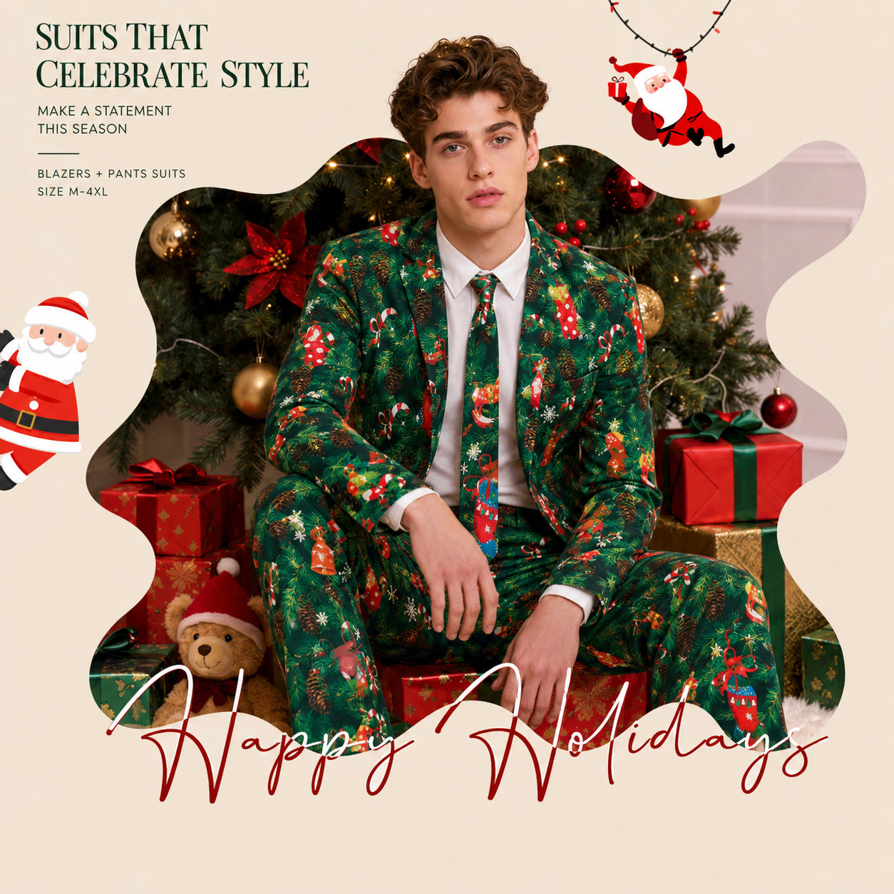 Happy Holidays banner showcasing a man sitting near a Christmas tree in a green printed blazer and pants suit by WISHOLIC
