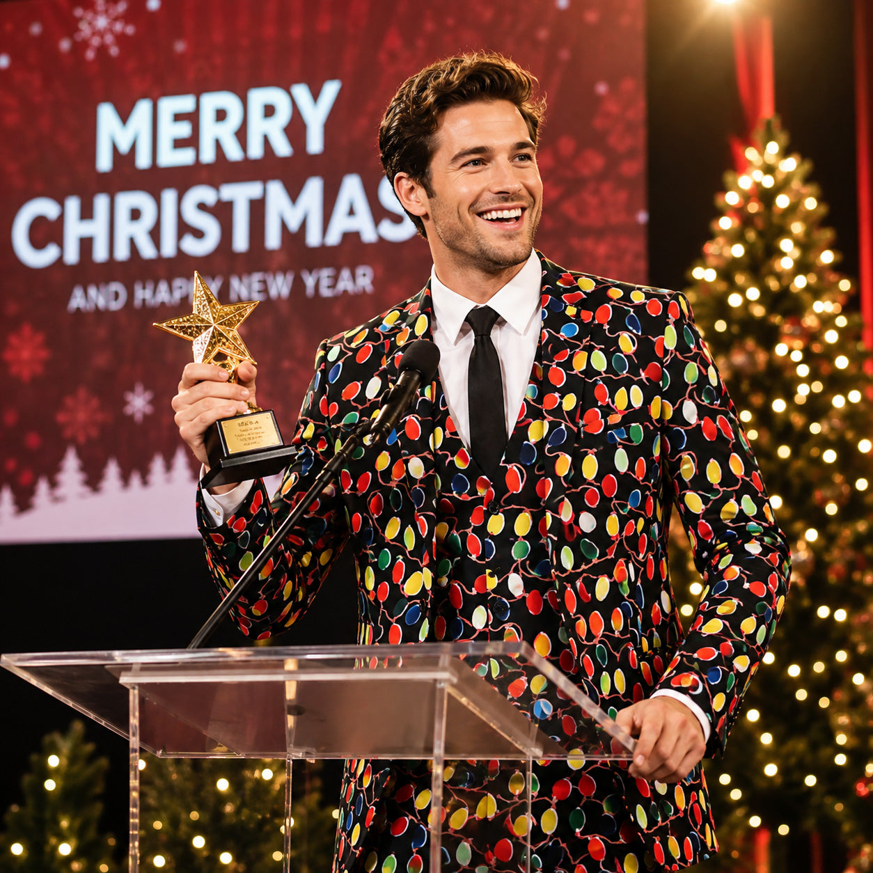 A man on stage wearing a 3-piece Christmas light bulb printed suit holding an award trophy by WISHOLIC