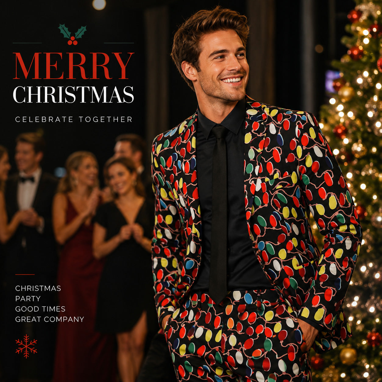 Man in a Christmas lights printed suit paired with a black dress shirt at a holiday party by WISHOLIC