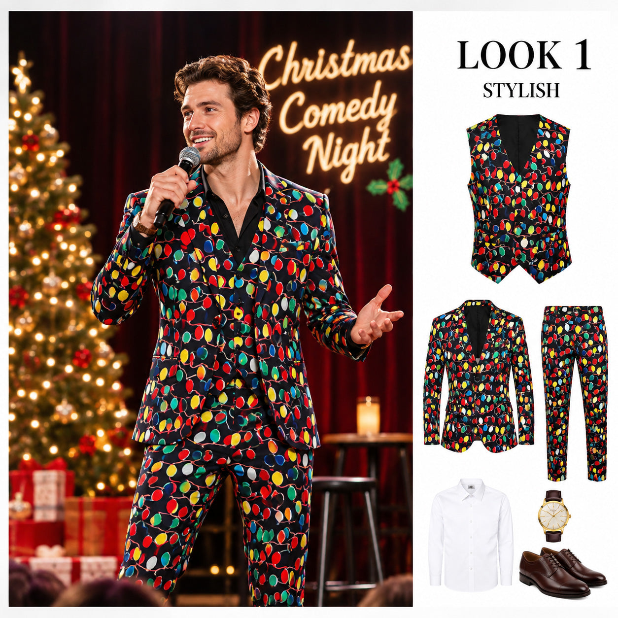 Mens Christmas lights 3-piece printed suit set including blazer vest and pants styling guide by WISHOLIC