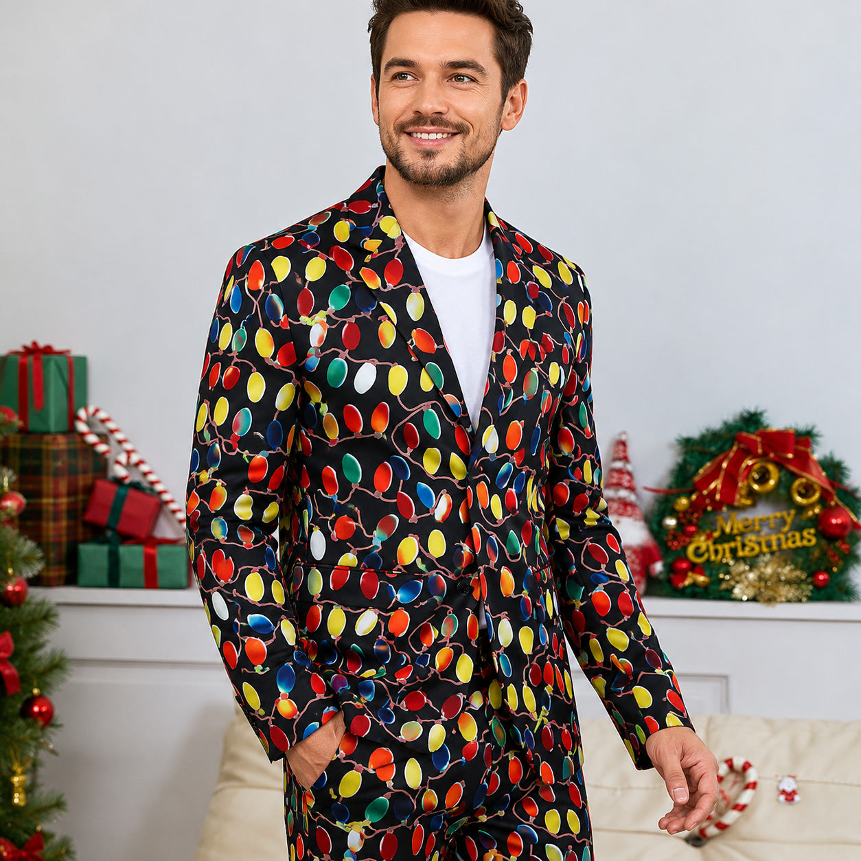 Man in a black Christmas lights print suit jacket and matching trousers by WISHOLIC