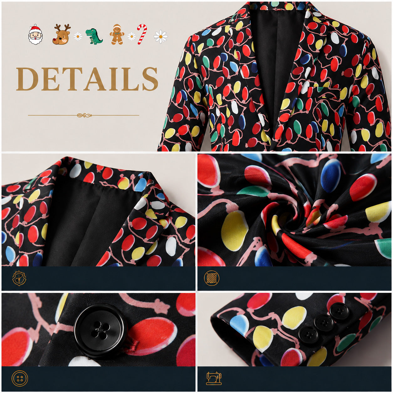 Close-up details of lapel buttons and fabric texture on a Christmas lights printed suit jacket by WISHOLIC