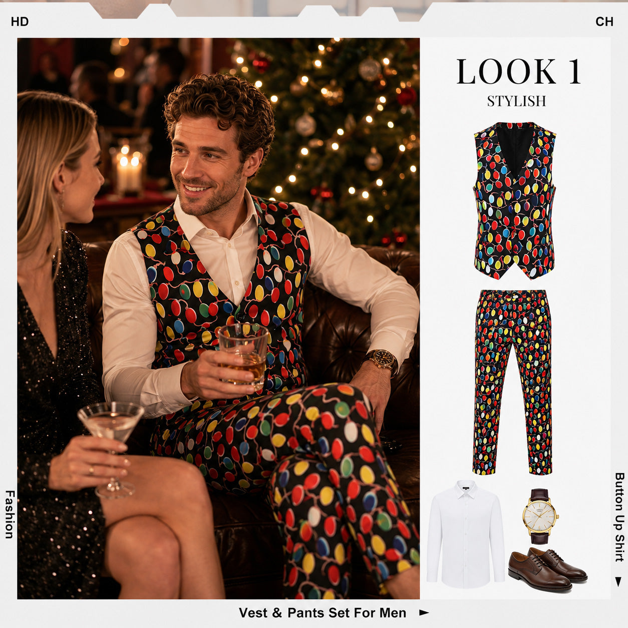Man wearing a Christmas lights printed vest and matching pants set in a festive living room by WISHOLIC