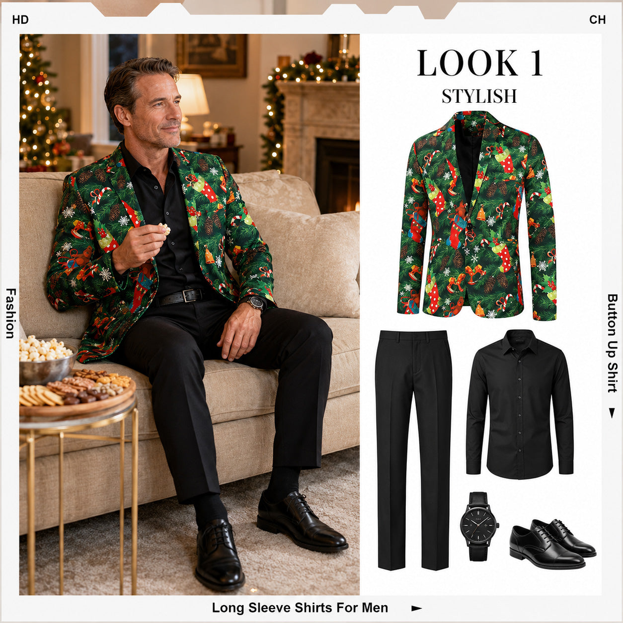 Holiday styling idea showing a man wearing a green Christmas printed blazer paired with black trousers by WISHOLIC