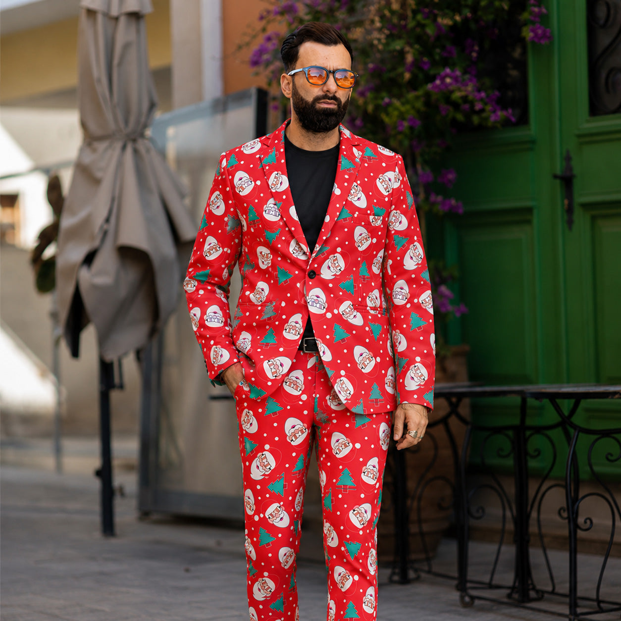 Men's red Santa printed blazer styled with black shirt - WISHOLIC