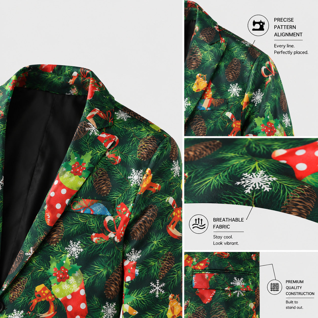 Close-up details of pattern alignment and breathable fabric quality on a green Christmas printed blazer by WISHOLIC