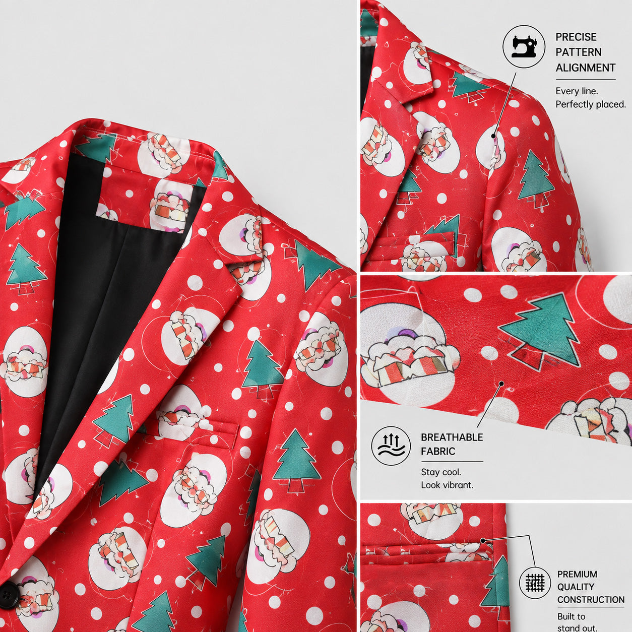 Close-up details of men's red Santa print suit pattern and breathable fabric - WISHOLIC