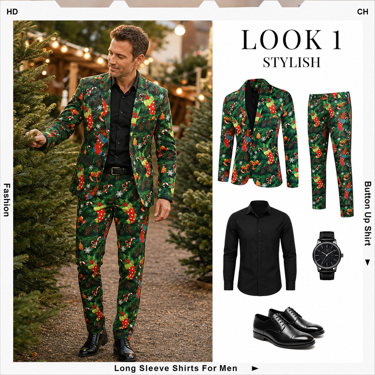 Outfit styling guide featuring a green Christmas printed suit set paired with a black dress shirt and shoes by WISHOLIC