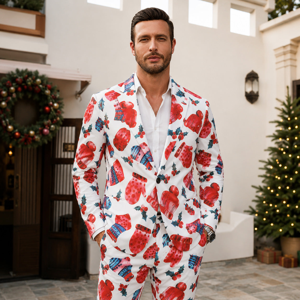 Handsome man wearing a full white Christmas printed suit with red winter beanies and mittens pattern outdoors.