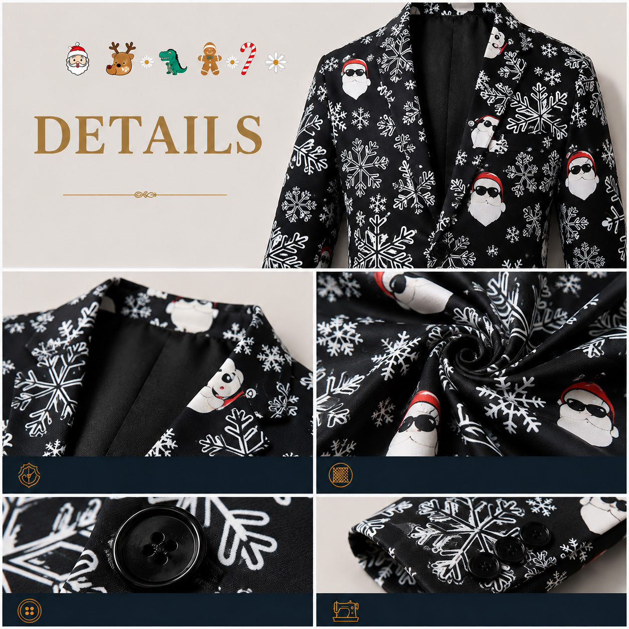 Close-up details of collar, button, sleeve cuffs, and fabric of men's Christmas blazer | WISHOLIC