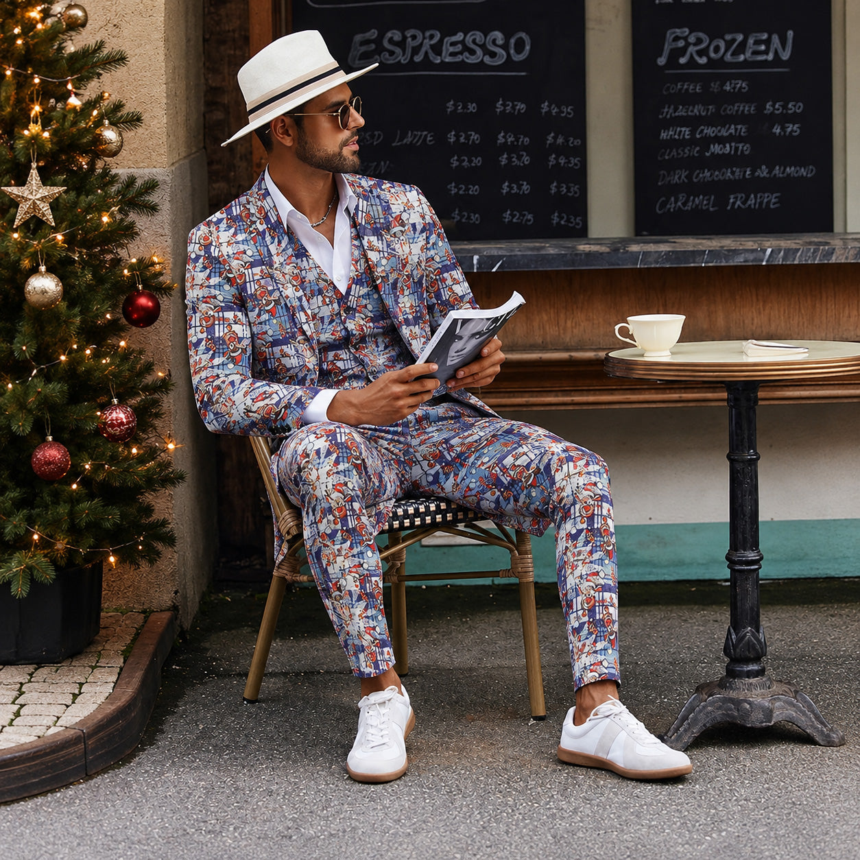Close-up view of men's blue Christmas reindeer printed suit blazer and vest highlighting slim fit tailored design | WISHOLIC