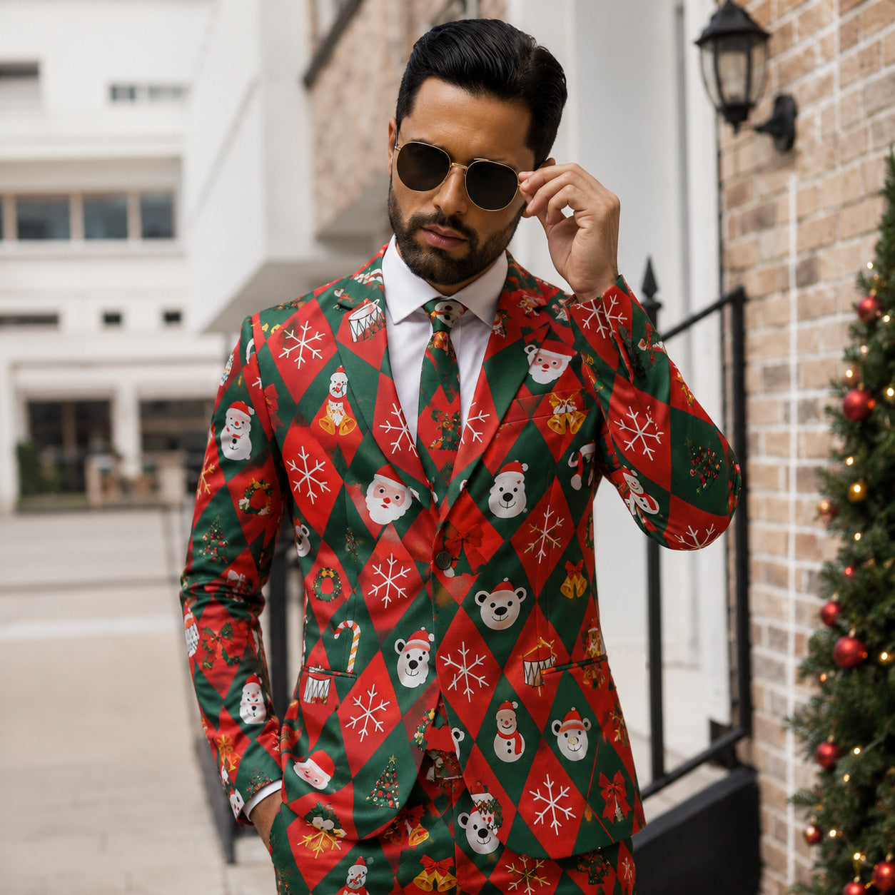 Men's red and green Christmas print suit with polar bear and snowflake patterns by WISHOLIC