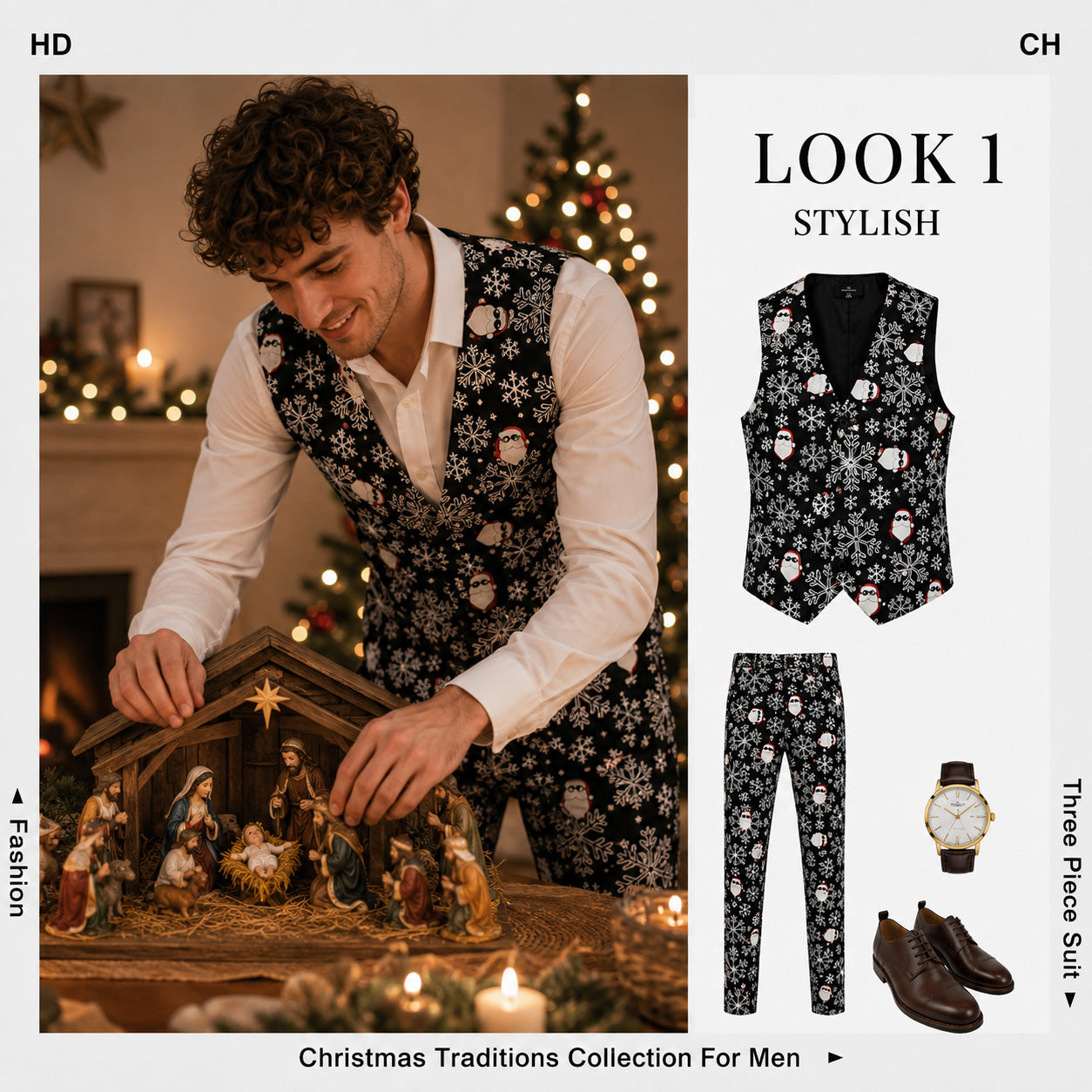 Men's Christmas printed vest and trousers styled for holiday evening celebrations | WISHOLIC