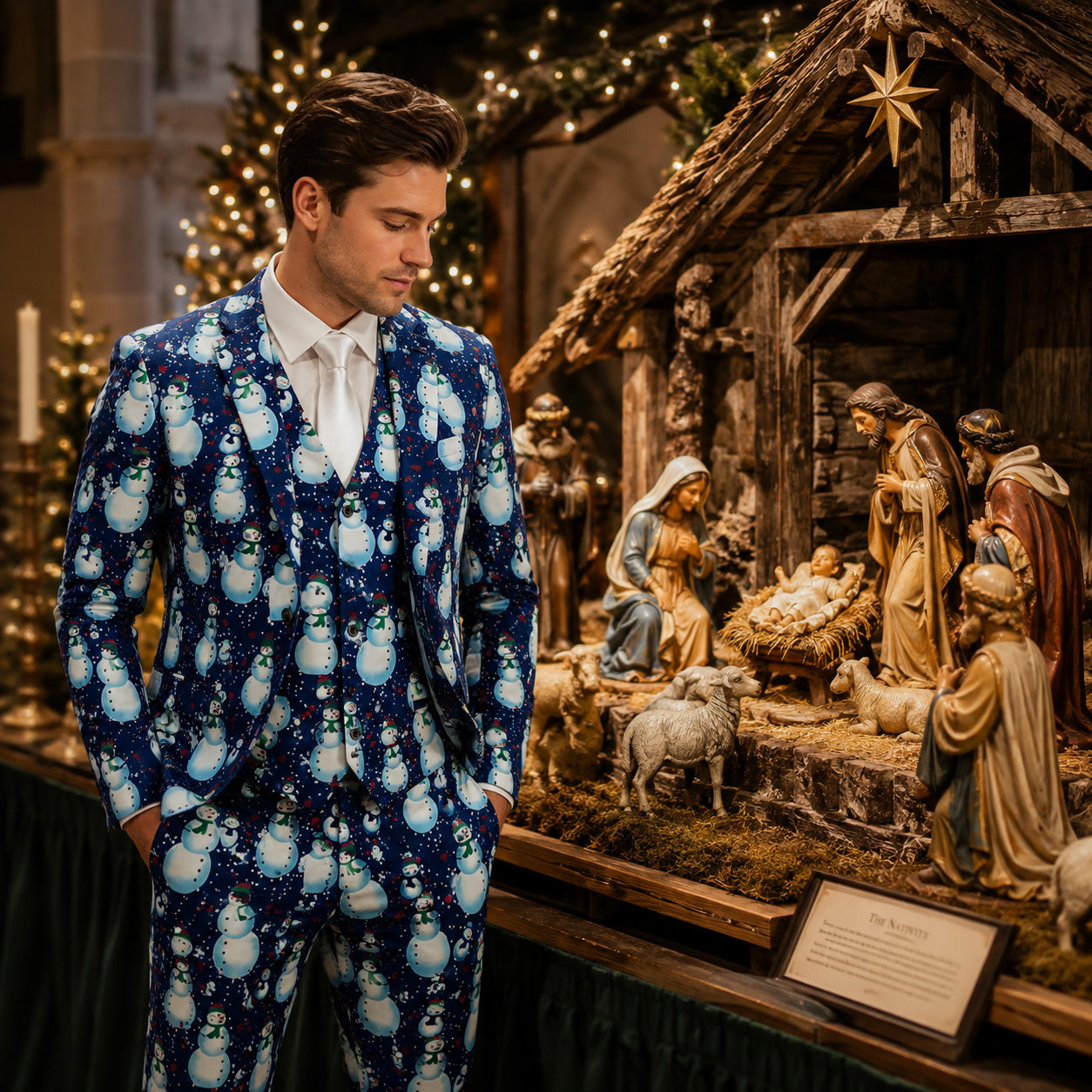 Model wearing men's festive snowman print suit carrying bag outdoor near Christmas tree | WISHOLIC