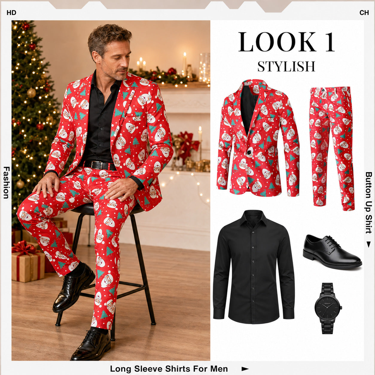 Men's matching red Santa print suit jacket and pants outfit look - WISHOLIC