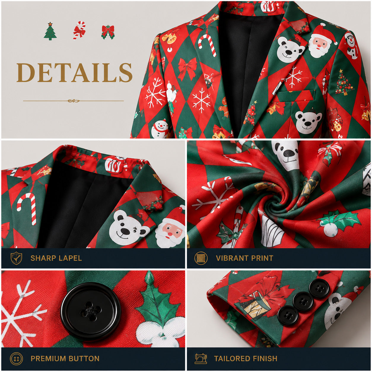 Close-up detail views of lapel, vibrant printed fabric, buttons, and sleeve cuff finish - WISHOLIC