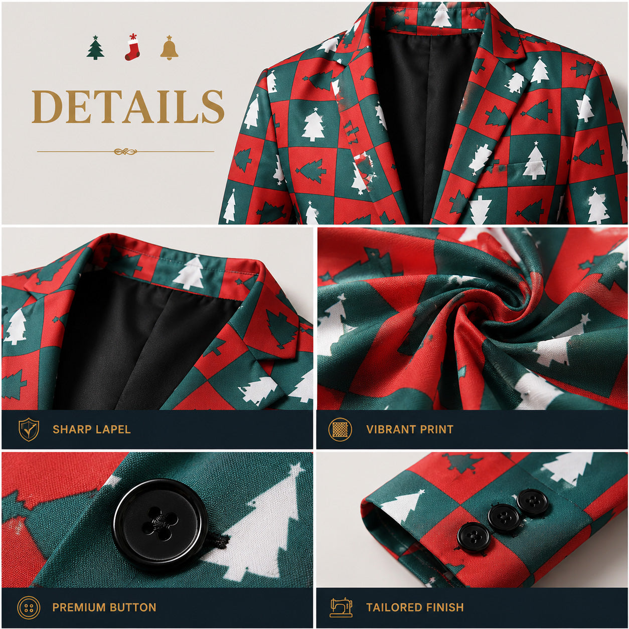 Close-up details of WISHOLIC Christmas suit showing sharp lapel, vibrant tree print, buttons, and tailored finish