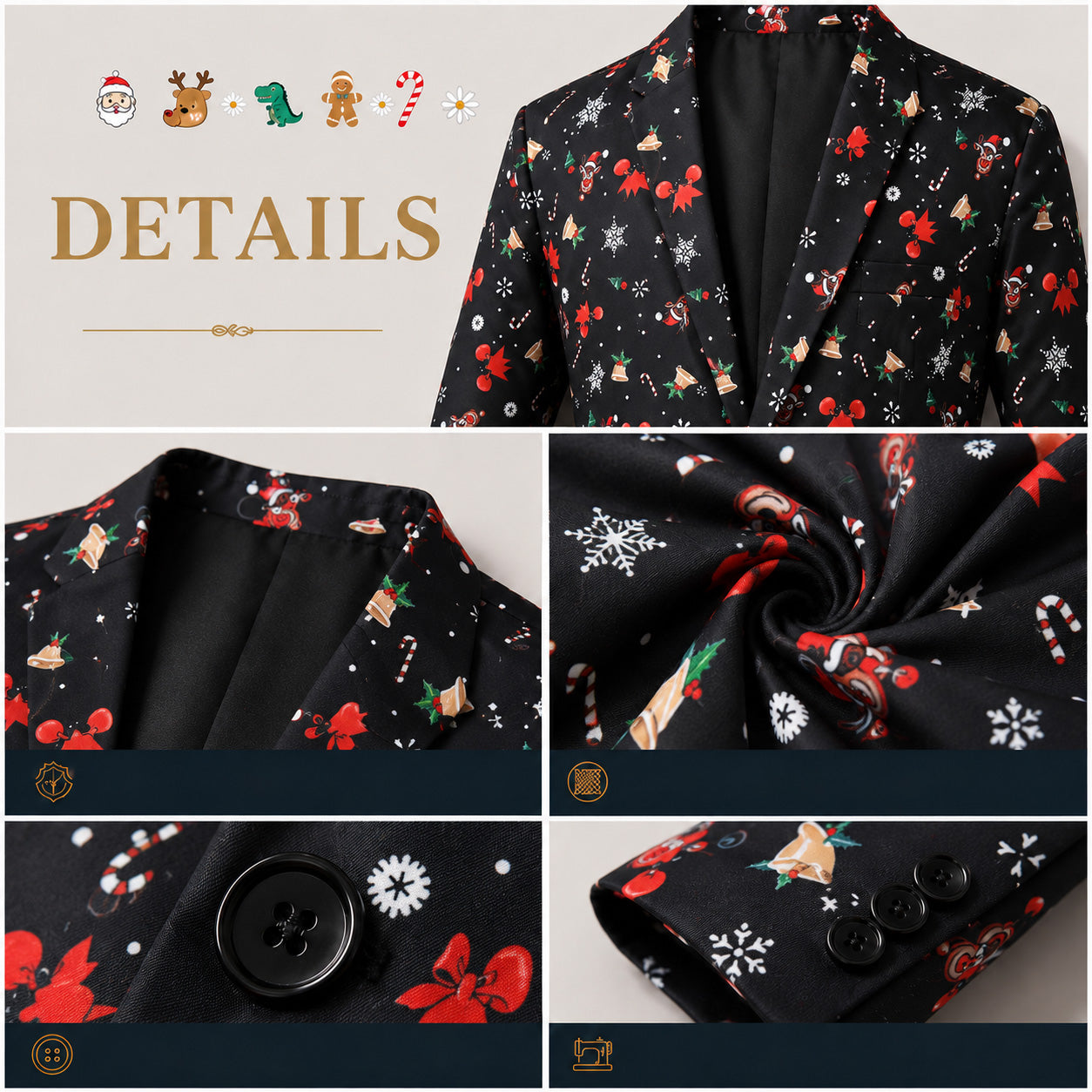 Detailed close-up view of the Christmas suit fabric, lapel collar, black buttons, and cuff details.