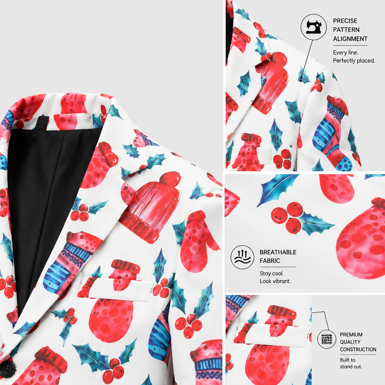 Close-up details of the Christmas suit jacket showing precise pattern alignment, breathable fabric, and premium construction.