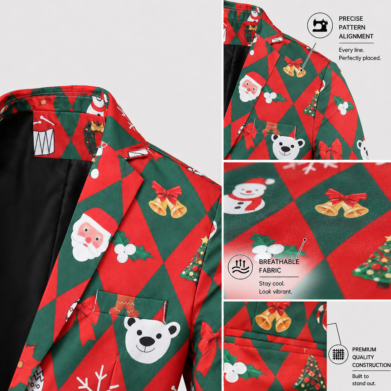 Quality details of men's Christmas suit highlighting precise pattern alignment, breathable fabric, and premium construction.