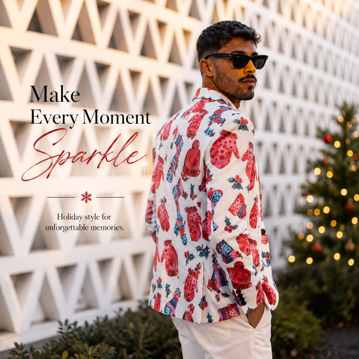 Back view of a mens Christmas suit jacket featuring festive winter patterns and holiday text banner.