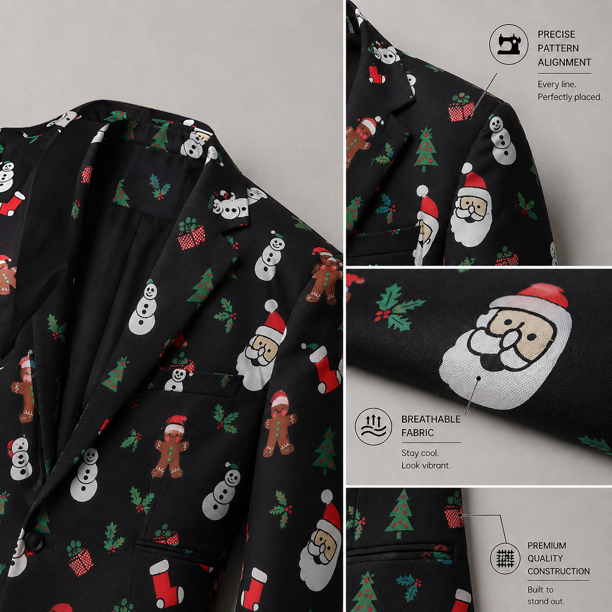 Detailed close-up of the breathable fabric, pattern alignment, and premium quality stitching of the Christmas printed suit blazer.