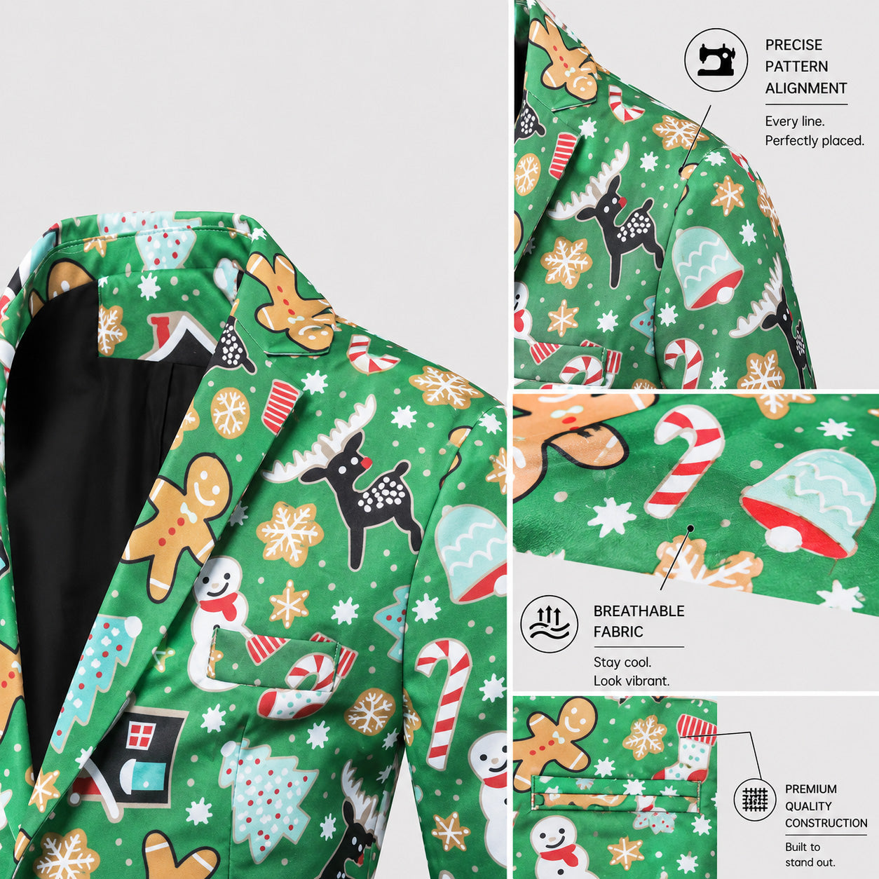 Close-up detail shot showing the pattern alignment and quality fabric of the green gingerbread christmas suit jacket.