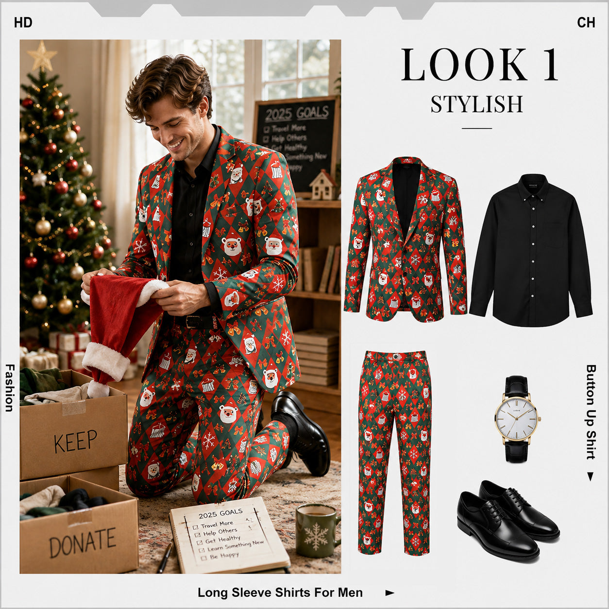 Lookbook outfit breakdown featuring men's 2-piece Christmas suit styled with black button-up shirt and dress shoes.