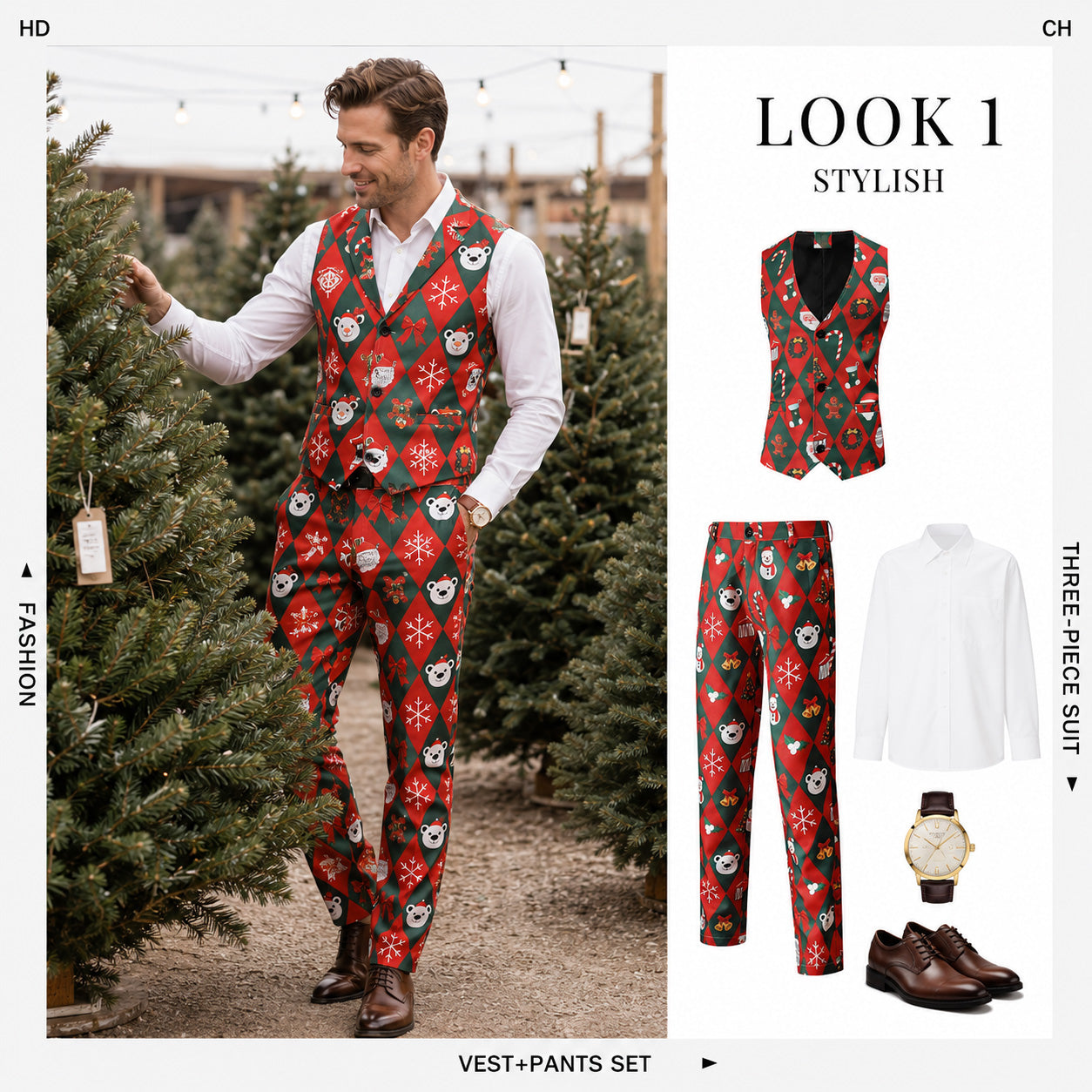 Men's Christmas printed vest and trousers 2-piece outfit combo - WISHOLIC
