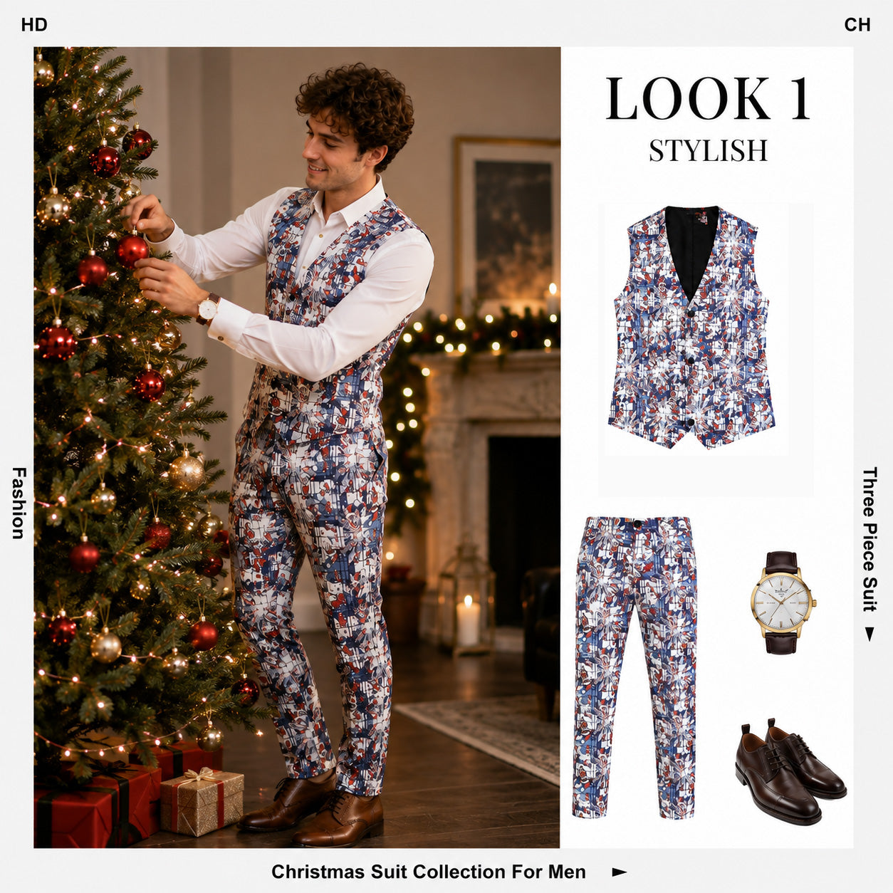 Men's Christmas reindeer printed vest and dress trousers paired with white shirt beside a festive holiday tree | WISHOLIC