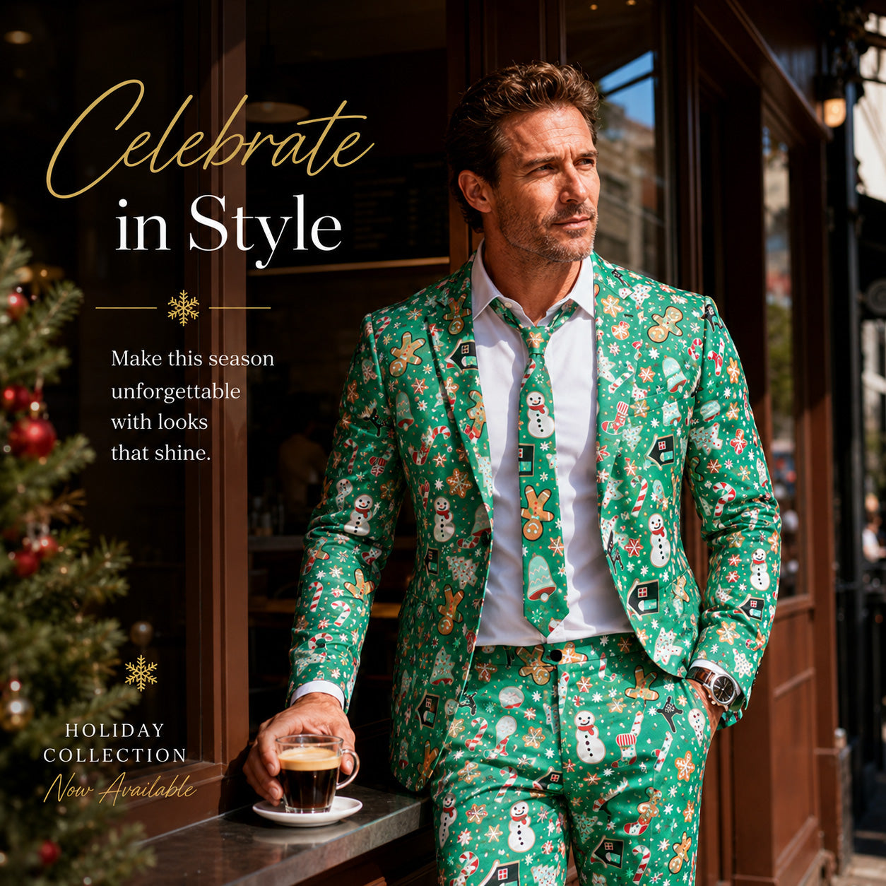 Man standing at a cafe window wearing a green christmas theme pattern suit with a matching tie.