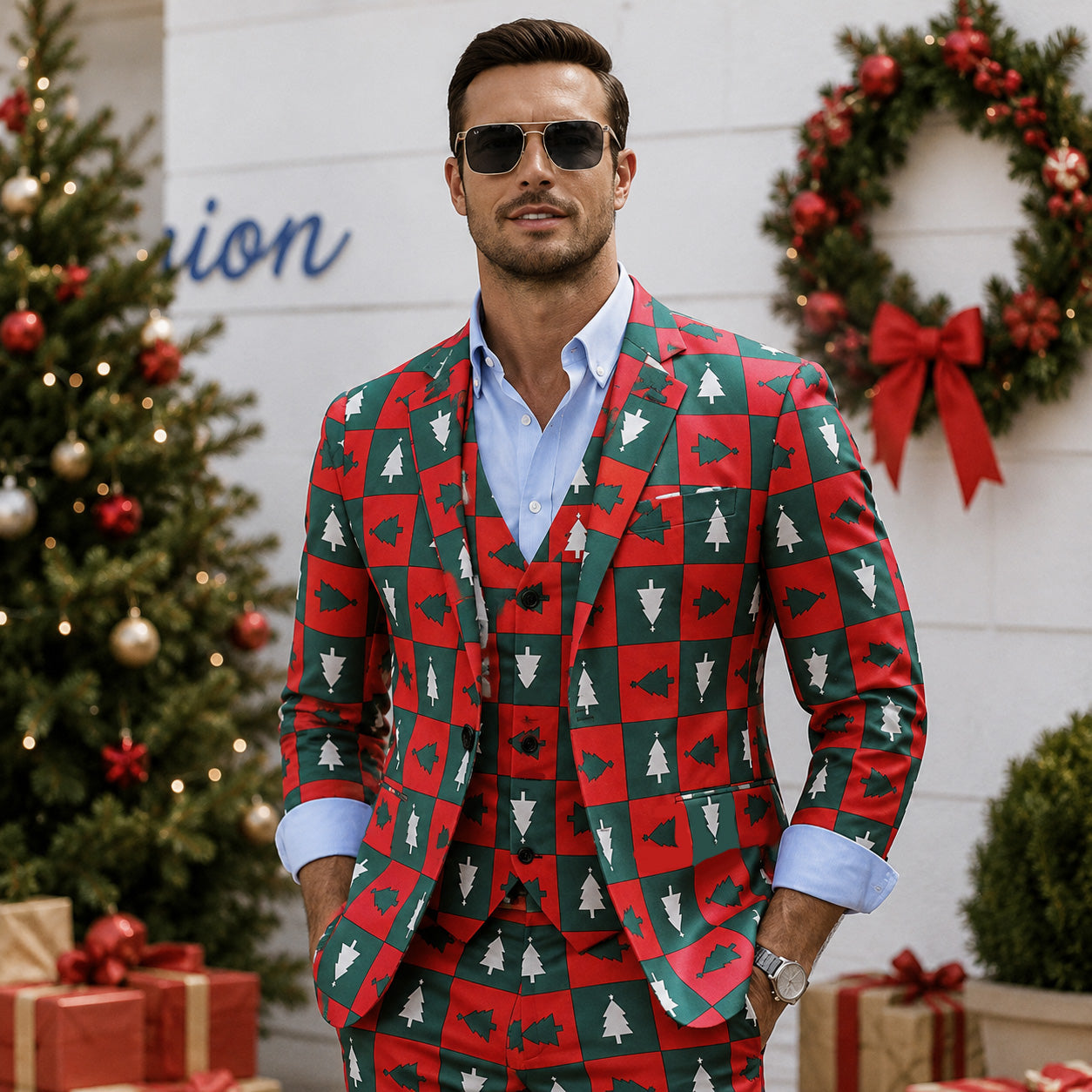 WISHOLIC Men's red and green Christmas tree printed 3-piece suit set with sunglasses
