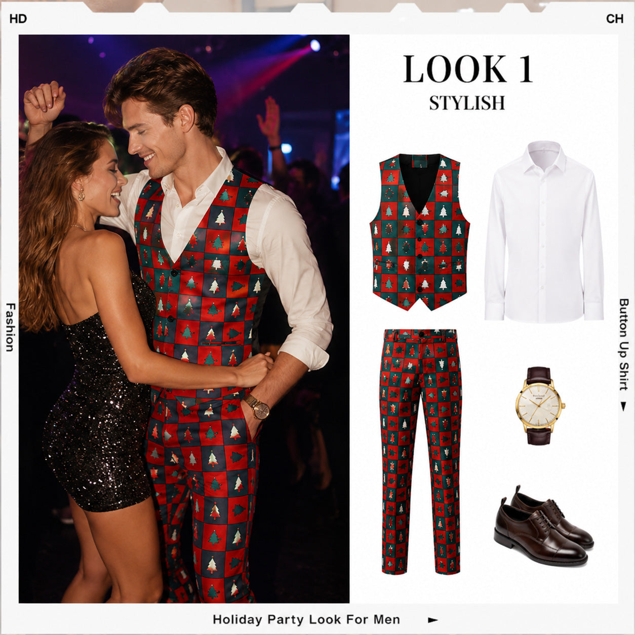 WISHOLIC printed Christmas vest and trousers set for men's holiday party look