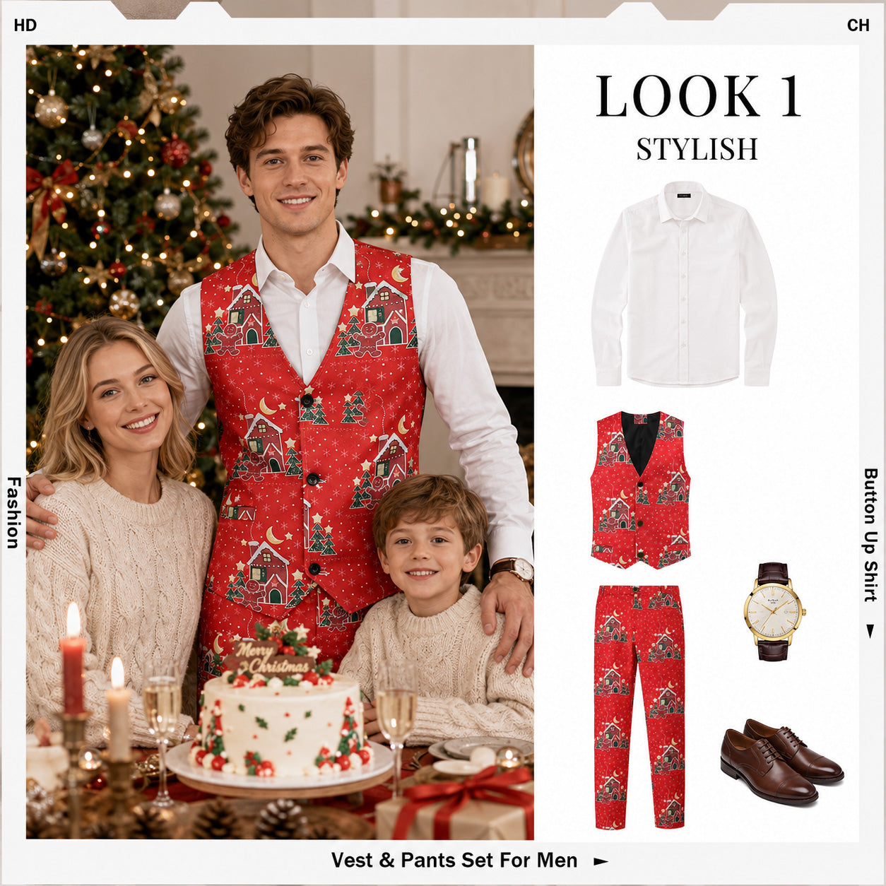 Man wearing a red Christmas vest and pants set next to family at a holiday dinner table
