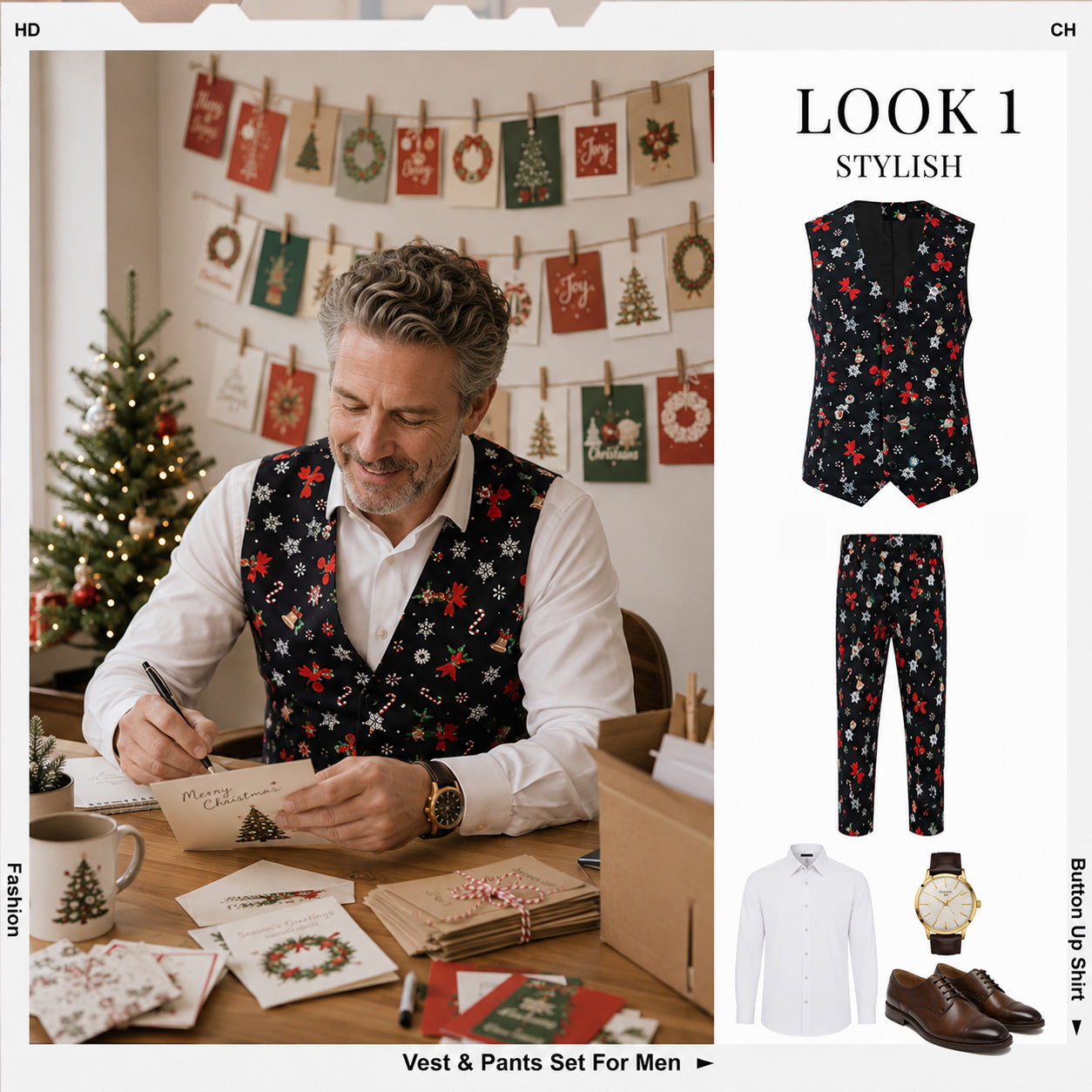 Man writing Christmas cards wearing a holiday vest and trousers, paired with a white button-up shirt and dress shoes.