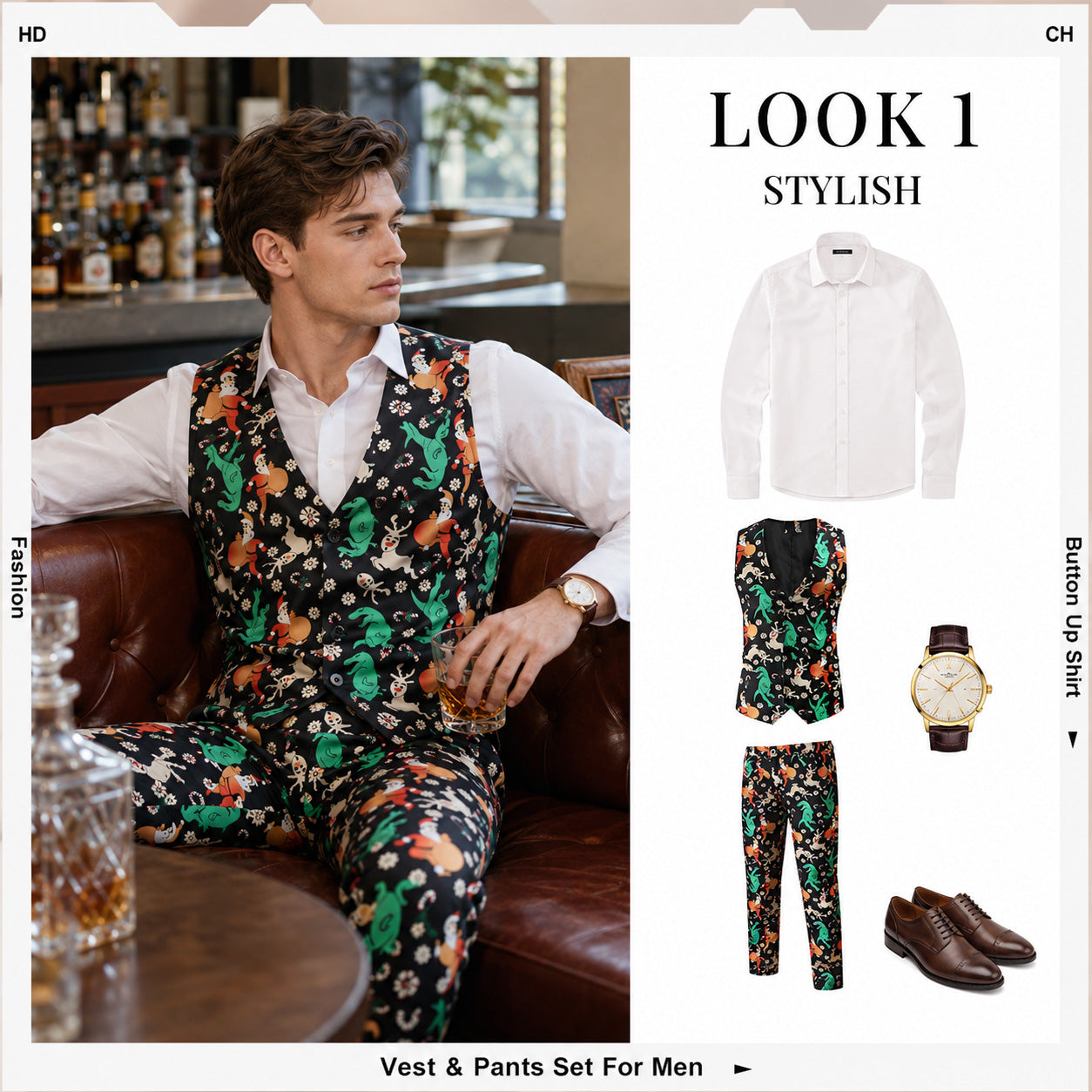 Man wearing black Christmas pattern vest and matching pants relaxed on leather sofa
