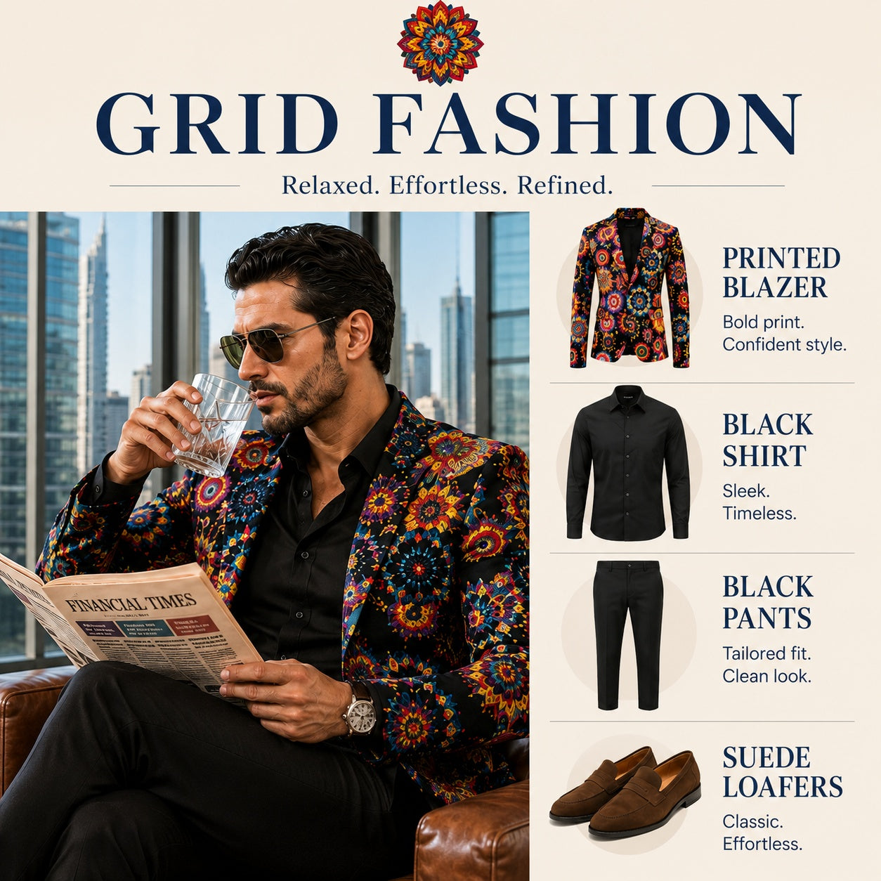 A grid styling guide featuring a luxury mens colorful printed blazer styled with slim-fit black pants and suede loafers for a refined, creative business look.