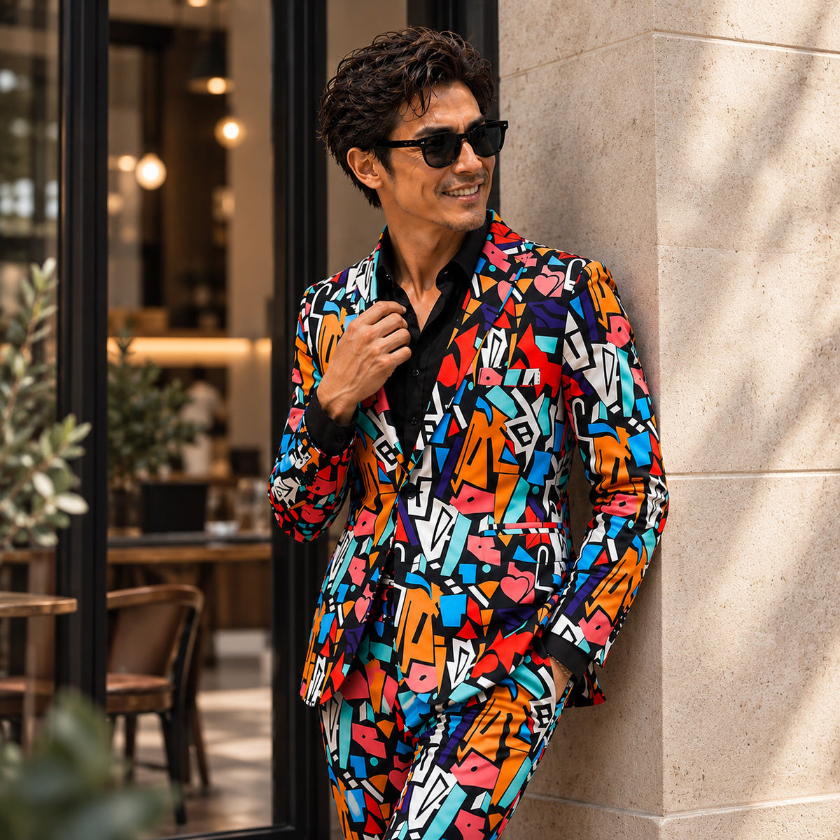 Model in sunglasses wearing a colorful geometric graffiti pattern 2-piece suit