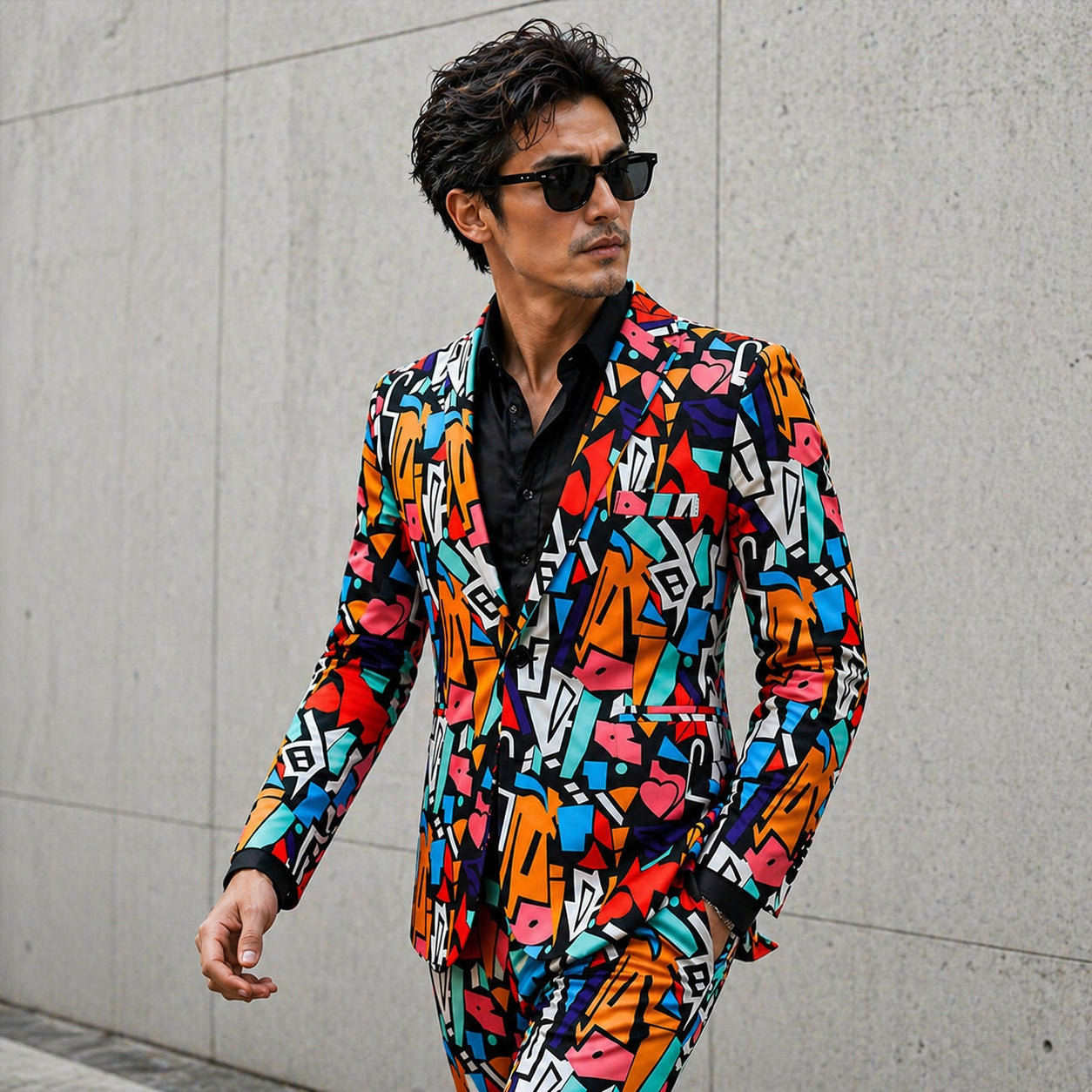 Male model wearing a Wisholic abstract graffiti print suit with vibrant colors and black shirt.