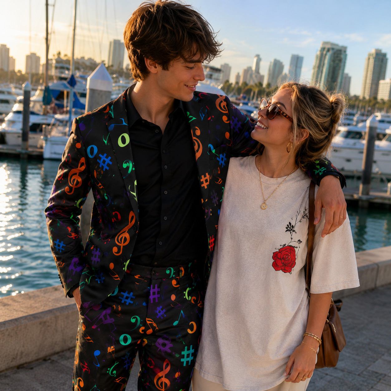 A young couple on a casual date night at a yacht marina, with the man wearing a vibrant Wisholic music notes pattern suit jacket and matching trousers.