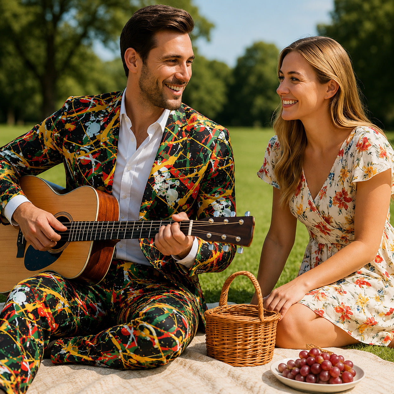 Discover the perfect smart-casual look.
Pair our vibrant abstract art suit blazer with classic blue jeans and a white tee for a modern streetwear edge.
